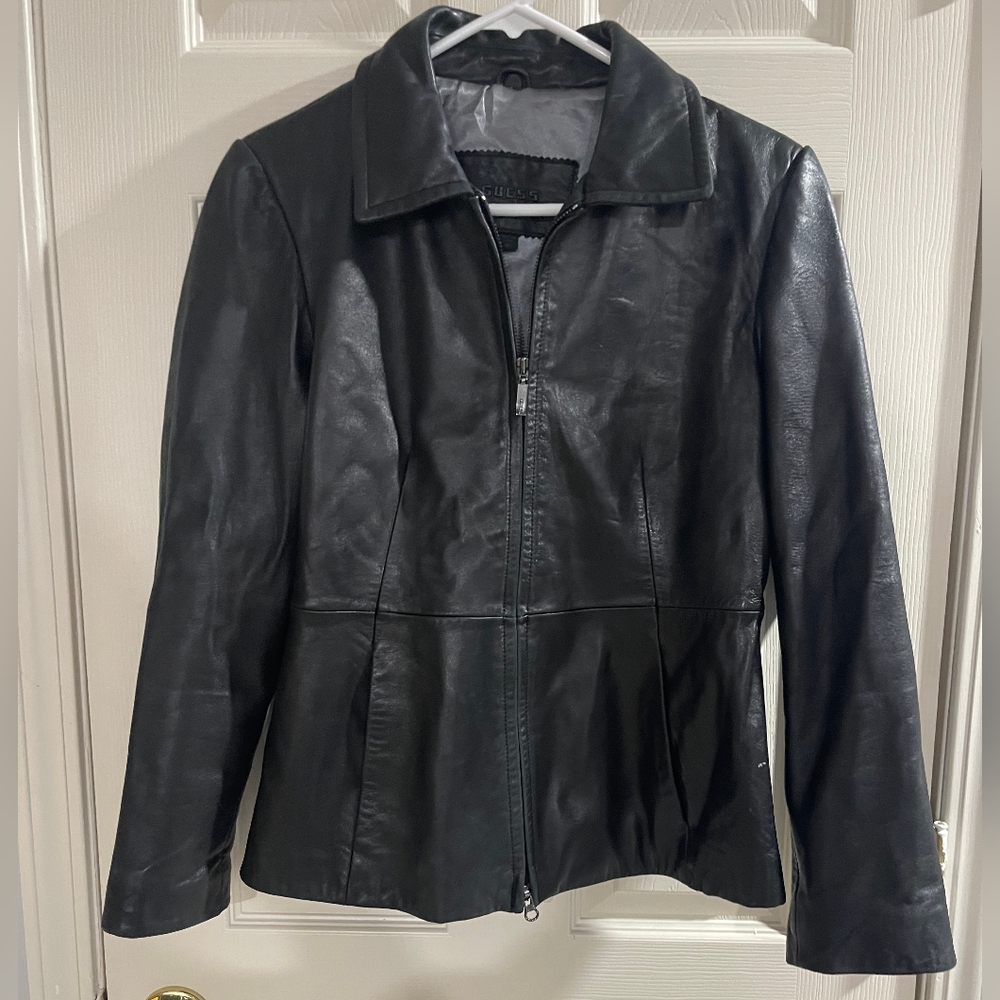 Guess Vintage Y2K Womens Zip Up Collared Leather Jacket With Pockets Size Medium